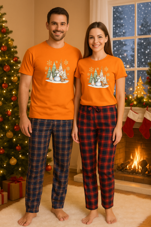Set pijamale cuplu - Set Craciun in doi – tricou si pantaloni pijamale, bumbac, tematica sarbatori si Craciun