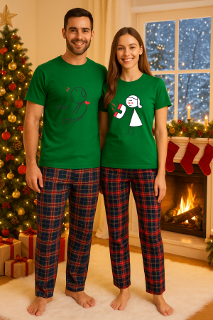 Set pijamale cupluri - Set Craciun in doi – tricou si pantaloni pijamale, bumbac, tematica sarbatori si Craciun