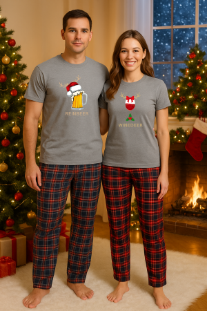 Set pijamale cupluri - Set Craciun in doi – tricou si pantaloni pijamale, bumbac, tematica sarbatori si Craciun