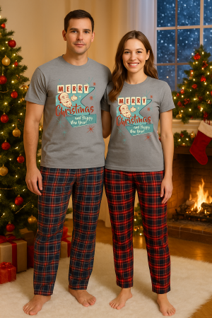 Set pijamale cupluri - Set Craciun in doi – tricou si pantaloni pijamale, bumbac, tematica sarbatori si Craciun