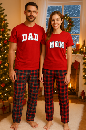 Set pijamale cuplu - Set Craciun in doi – tricou si pantaloni pijamale, bumbac, tematica sarbatori si Craciun