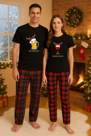 Set pijamale cupluri - Set Craciun in doi – tricou si pantaloni pijamale, bumbac, tematica sarbatori si Craciun