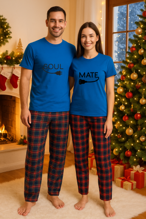 Set pijamale cupluri - Set Craciun in doi – tricou si pantaloni pijamale, bumbac, tematica sarbatori si Craciun