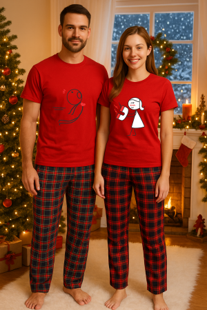 Set pijamale cupluri - Set Craciun in doi – tricou si pantaloni pijamale, bumbac, tematica sarbatori si Craciun