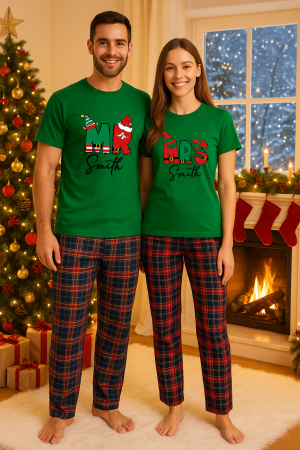 Set pijamale cuplu - Set Craciun in doi – tricou si pantaloni pijamale, bumbac, tematica sarbatori si Craciun