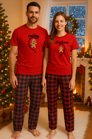 Set pijamale cupluri - Set Craciun in doi – tricou si pantaloni pijamale, bumbac, tematica sarbatori si Craciun