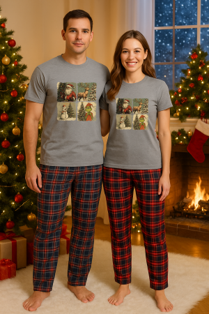 Set pijamale cupluri - Set Craciun in doi – tricou si pantaloni pijamale, bumbac, tematica sarbatori si Craciun