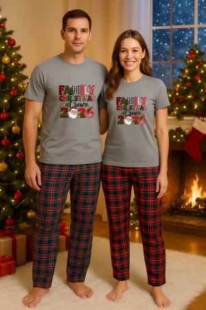 Set pijamale cupluri - Set Craciun in doi – tricou si pantaloni pijamale, bumbac, tematica sarbatori si Craciun