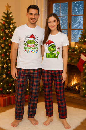 Set pijamale cupluri - Set Craciun in doi Grinch – tricou si pantaloni pijamale, bumbac, tematica sarbatori si Craciun