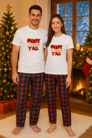 Set pijamale cupluri - Set Craciun in doi – tricou si pantaloni pijamale, bumbac, tematica sarbatori si Craciun