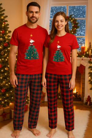 Set pijamale cuplu - Set Craciun in doi – tricou si pantaloni pijamale, bumbac, tematica sarbatori si Craciun