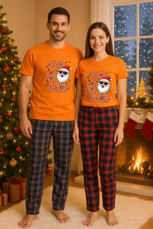 Set pijamale cupluri - Set Craciun in doi – tricou si pantaloni pijamale, bumbac, tematica sarbatori si Craciun