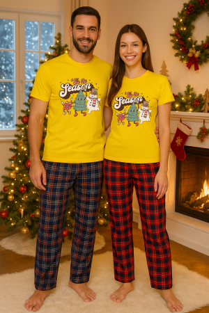 Set pijamale cuplu - Set Craciun in doi – tricou si pantaloni pijamale, bumbac, tematica sarbatori si Craciun