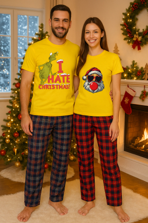 Set pijamale cuplu - Set Craciun in doi – tricou si pantaloni pijamale, bumbac, tematica sarbatori si Craciun