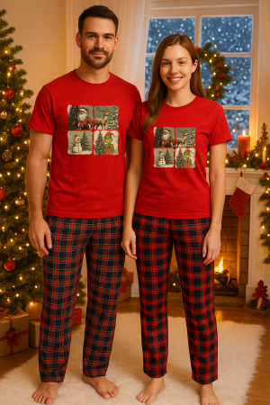 Set pijamale cupluri - Set Craciun in doi – tricou si pantaloni pijamale, bumbac, tematica sarbatori si Craciun