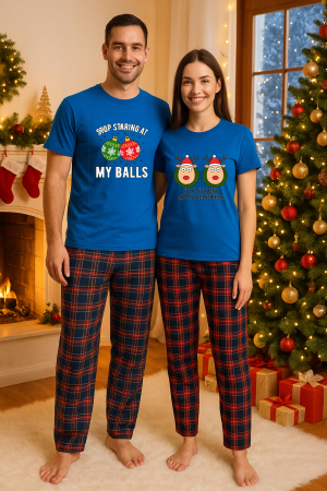 Set pijamale cupluri - Set Craciun in doi – tricou si pantaloni pijamale, bumbac, tematica sarbatori si Craciun