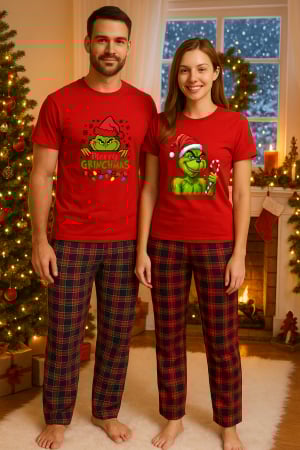 Pijamale - Set Craciun in doi Grinch – tricou si pantaloni pijamale, bumbac, tematica sarbatori si Craciun