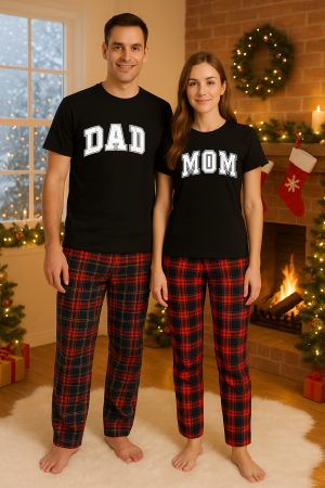 Set pijamale cuplu - Set Craciun in doi – tricou si pantaloni pijamale, bumbac, tematica sarbatori si Craciun