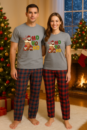 Set pijamale cupluri - Set Craciun in doi – tricou si pantaloni pijamale, bumbac, tematica sarbatori si Craciun