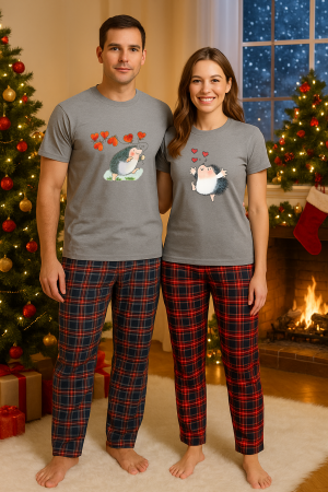 Set pijamale cupluri - Set Craciun in doi – tricou si pantaloni pijamale, bumbac, tematica sarbatori si Craciun