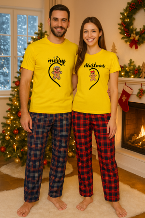 Set pijamale cuplu - Set Craciun in doi – tricou si pantaloni pijamale, bumbac, tematica sarbatori si Craciun