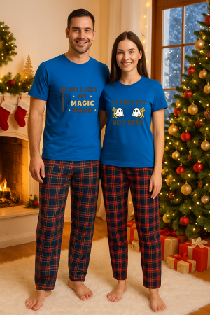 Set pijamale cuplu - Set Craciun in doi – tricou si pantaloni pijamale, bumbac, tematica sarbatori si Craciun