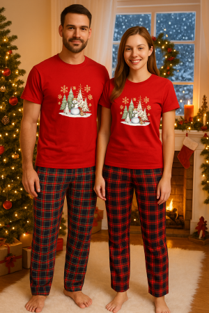 Set pijamale cuplu - Set Craciun in doi – tricou si pantaloni pijamale, bumbac, tematica sarbatori si Craciun