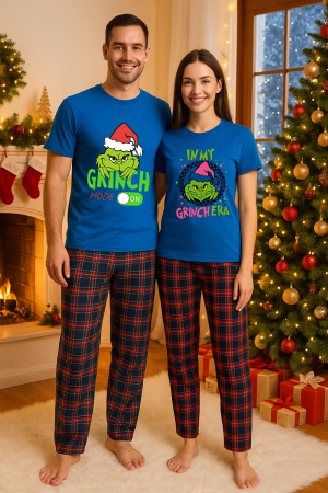 Set pijamale cupluri - Set Craciun in doi – Grinch tricou si pantaloni pijamale, bumbac, tematica sarbatori si Craciun