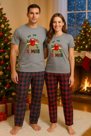 Set pijamale cupluri - Set Craciun in doi – tricou si pantaloni pijamale, bumbac, tematica sarbatori si Craciun