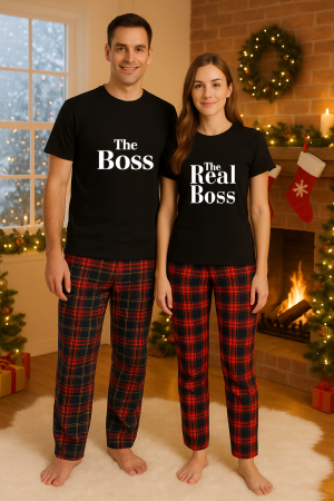 Set pijamale cupluri - Set Craciun in doi – tricou si pantaloni pijamale, bumbac, tematica sarbatori si Craciun