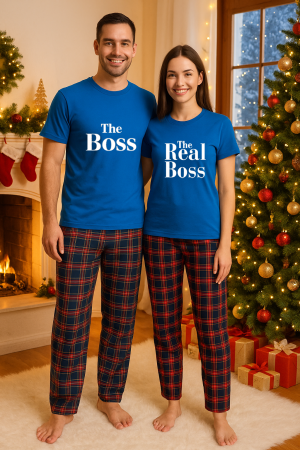 Set pijamale cupluri - Set Craciun in doi – tricou si pantaloni pijamale, bumbac, tematica sarbatori si Craciun