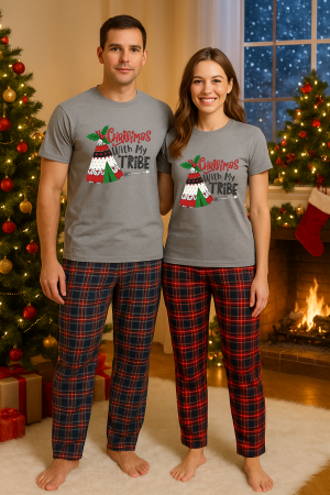 Set pijamale cupluri - Set Craciun in doi – tricou si pantaloni pijamale, bumbac, tematica sarbatori si Craciun