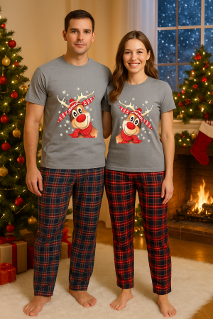 Set pijamale cupluri - Set Craciun in doi – tricou si pantaloni pijamale, bumbac, tematica sarbatori si Craciun