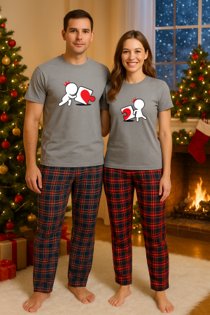 Set pijamale cupluri - Set Craciun in doi – tricou si pantaloni pijamale, bumbac, tematica sarbatori si Craciun