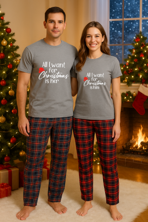 Set pijamale cupluri - Set Craciun in doi – tricou si pantaloni pijamale, bumbac, tematica sarbatori si Craciun