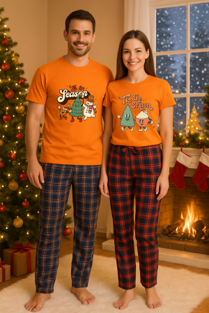 Set pijamale cupluri - Set Craciun in doi – tricou si pantaloni pijamale, bumbac, tematica sarbatori si Craciun