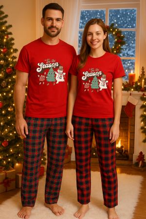 Set pijamale cuplu - Set Craciun in doi – tricou si pantaloni pijamale, bumbac, tematica sarbatori si Craciun