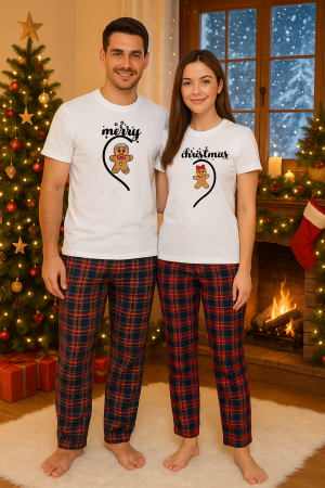 Set pijamale cupluri - Set Craciun in doi – tricou si pantaloni pijamale, bumbac, tematica sarbatori si Craciun