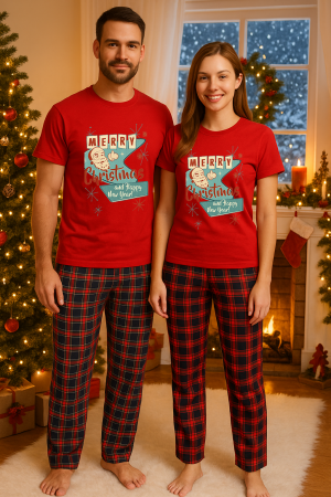 Set pijamale cuplu - Set Craciun in doi – tricou si pantaloni pijamale, bumbac, tematica sarbatori si Craciun