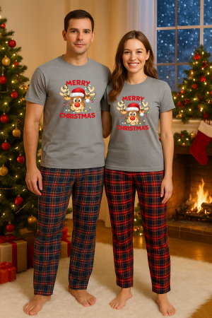 Set pijamale cupluri - Set Craciun in doi – tricou si pantaloni pijamale, bumbac, tematica sarbatori si Craciun