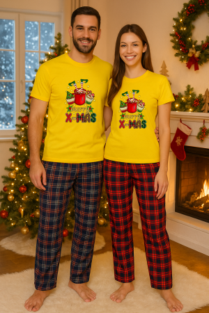 Set pijamale cuplu - Set Craciun in doi – tricou si pantaloni pijamale, bumbac, tematica sarbatori si Craciun