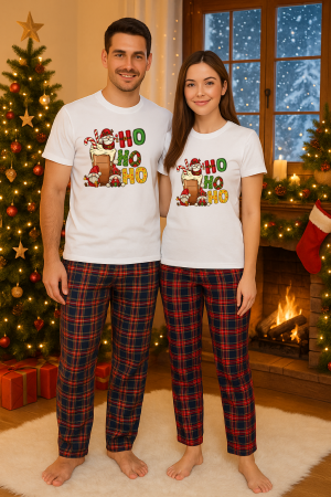 Set pijamale cuplu - Set Craciun in doi – tricou si pantaloni pijamale, bumbac, tematica sarbatori si Craciun