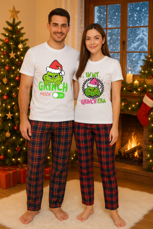 Set pijamale cupluri - Set Craciun in doi – Grinch tricou si pantaloni pijamale, bumbac, tematica sarbatori si Craciun
