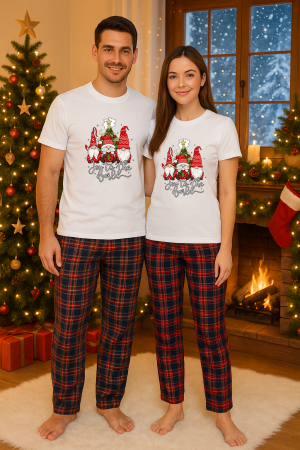 Set pijamale cuplu - Set Craciun in doi – tricou si pantaloni pijamale, bumbac, tematica sarbatori si Craciun