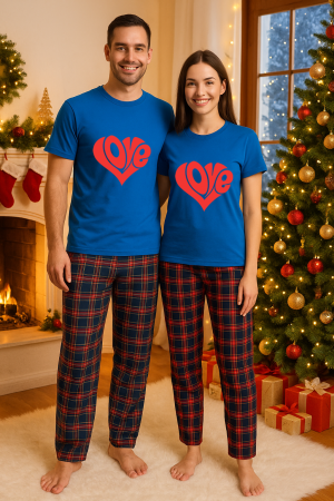 Set pijamale cuplu - Set Craciun in doi – tricou si pantaloni pijamale, bumbac, tematica sarbatori si Craciun