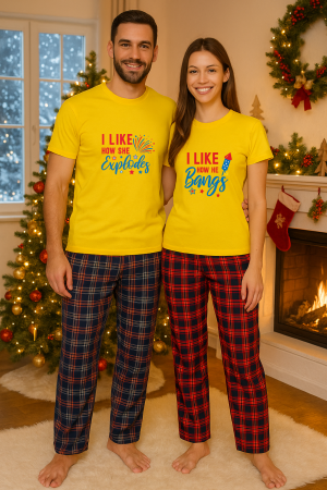 Set pijamale cuplu - Set Craciun in doi – tricou si pantaloni pijamale, bumbac, tematica sarbatori si Craciun