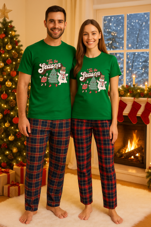 Set pijamale cupluri - Set Craciun in doi – tricou si pantaloni pijamale, bumbac, tematica sarbatori si Craciun