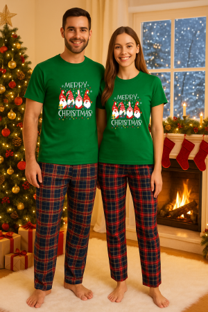 Set pijamale cupluri - Set Craciun in doi – tricou si pantaloni pijamale, bumbac, tematica sarbatori si Craciun