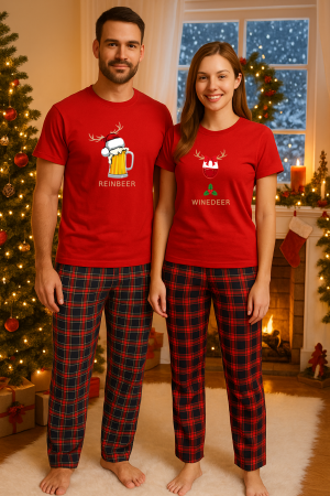 Set pijamale cupluri - Set Craciun in doi – tricou si pantaloni pijamale, bumbac, tematica sarbatori si Craciun