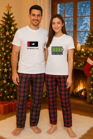 Set pijamale cuplu - Set Craciun in doi – tricou si pantaloni pijamale, bumbac, tematica sarbatori si Craciun